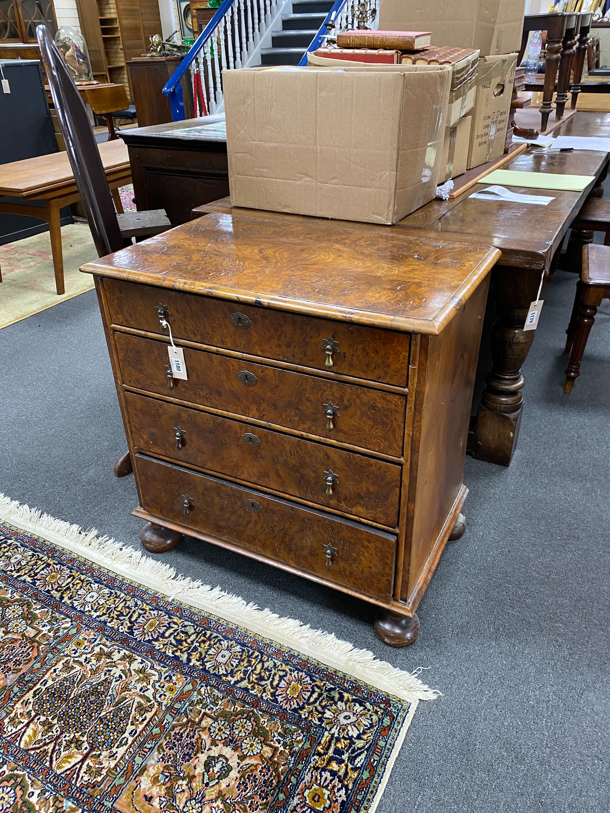A small 18th century style burr elm four drawer chest, width 74cm, depth 45cm, height 76cm